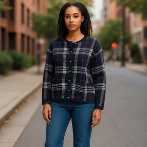 Vintage Crystal Kobe Grandma Grandpa Kawaii Navy Red Plaid Cardigan Women’s L